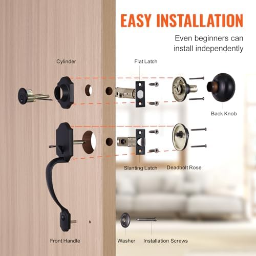 VEVOR Front Door Handle and Deadbolt Set, Matte Black Front Door Lock Set with Interior Knob, Adjustable Hole Spacing Single Cylinder Handleset, for Right and Left Handed Entrance and Front Door