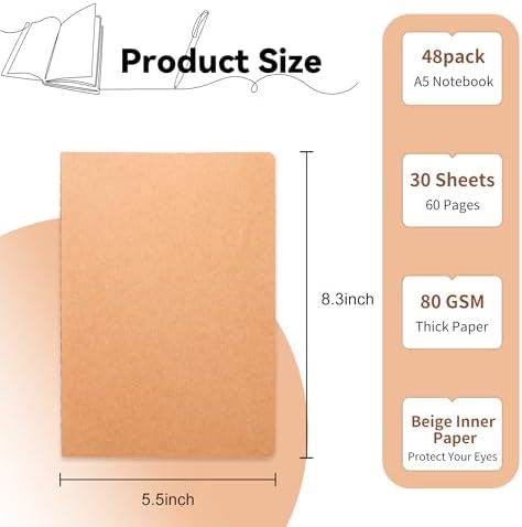 48 Pack Blank Kraft Notebooks, 8.3x5.5 Inches A5 Small Journals Bulk Blank Notebooks 80 Gsm Unlined with 60 Pages A5 Subject Notebooks Traveler Journal Set for Adult Students Back to School Supplies