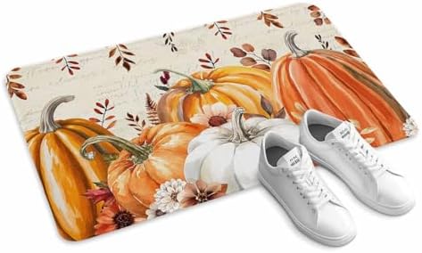 Fall Door Mat Harvest Pumpkin Doormat Orange Flower Eucalyptus Leaves Beige Harvest Thanksgiving Welcome Mat Non Slip Entryway Front Rug Floor Mat for Indoor Outdoor Kitchen Autumn Holiday Decor 18x30