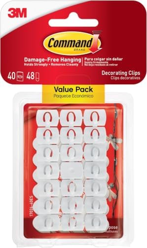 Command Decorating Clips,40 Clips and 48 Strips,Damage-Free Hanging Light-Clips with Adhesive Strips,No Tools Small Wall Clip for Hanging Lights and Cables,(Pack of 12)
