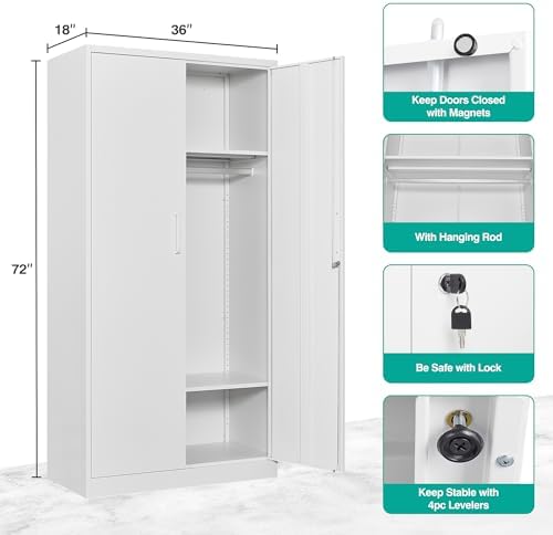 Metal Wardrobe Cabinet with Hanging Rod & Lock,White Armoire Wardrobe Closet,Metal Clothing Storage Cabinet with Adjustable Shelves and Doors,72" Armoire Storage Cabinets for Home,Living/Laundry Room