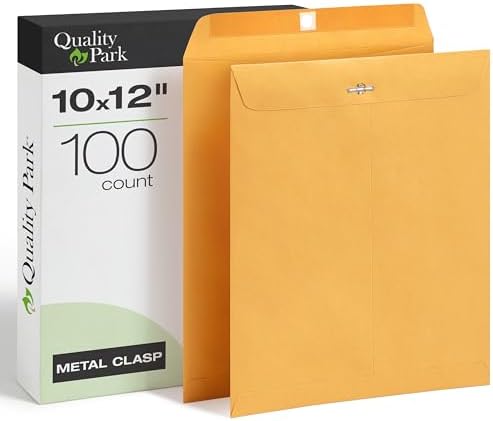 Quality Park 10 x 12 Clasp Envelopes, 100 Pack, Document Envelopes with Gummed Flap, Heavyweight 28 lb Paper with Reinforced Holes and Double Prong Clasp, for Mailing and Storage, Brown Kraft