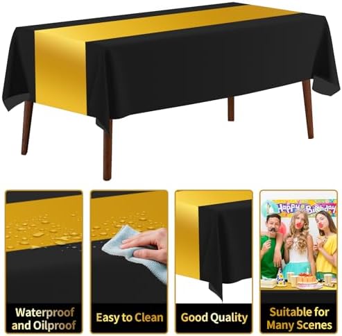 CXPSINC 54 Inch X 100 Feet Plastic Table Cover Roll Disposable Tablecloth with Slide Cutter for All Type/Shape Tables | Party, Banquet, Birthdays, Weddings(Black & Glod, 100 Feet)