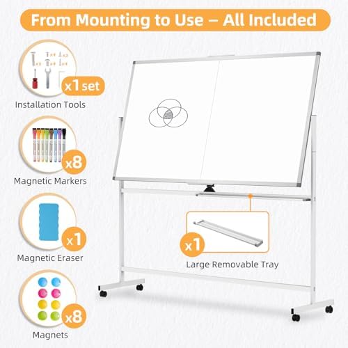 Rolling Dry Erase Whiteboard with Stand, 48" x 36" White Board on Wheels