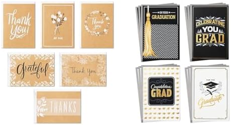 Hallmark Thank You Cards Assortment, Rustic Kraft (48) and Graduation Cards, Black and Gold (12) Card Bundles