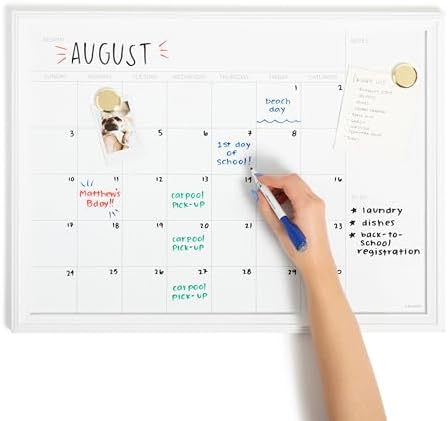 U Brands Magnetic Dry Erase Monthly Calendar Whiteboard Value Pack, 24" x 18", Wall Mounted Planner Board with Wood Style Frame, Home Office & Kitchen Family Command Center, Includes Markers & Magnets