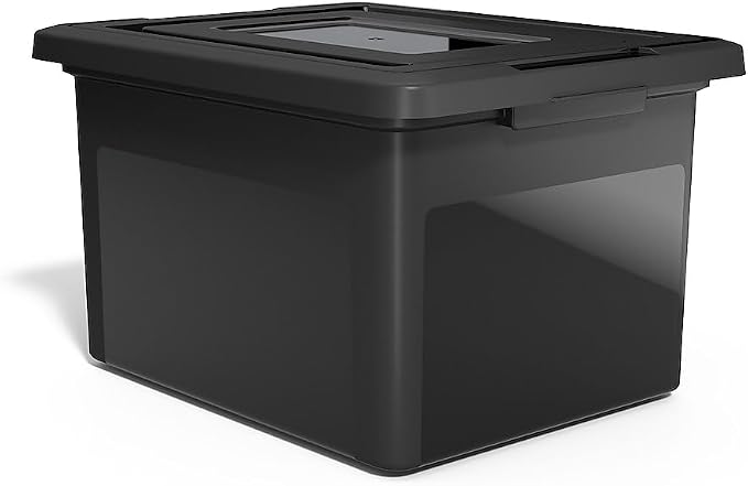 Staples Hanging File Folder Box, Storage Bin Organizer, Snap Lid | Black bin keeps letter and legal size documents organized and accessible.
