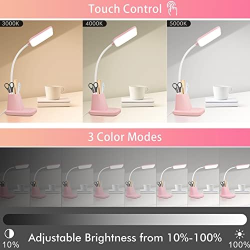LED Desk Lamp with 10W Wireless Charging & Pen Holder, Pink