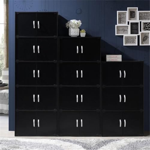 Pemberly Row 4 Shelf 8 Door Bookcase, 54.3 in H x 23.4 in W x 15.5 in D, Wood, Black Finish, Slim Multi-Purpose Organizer for Office, Bedroom, Living Room or Kids' Room