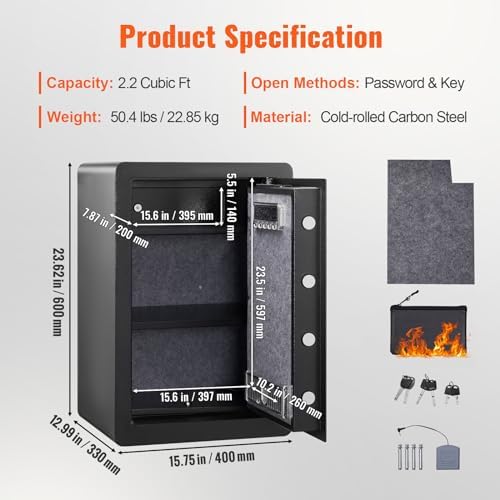 VEVOR Steel Security Safe - 2.2 Cubic Feet, Fingerprint & Digital Keypad Lock, Fire-proof Bag, Protect Cash, Gold, Jewelry, Documents - 15.8x13x23.6 inch