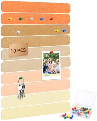 HAUTOCO Felt Bulletin Strips 10 Pack, 13" x 2" Self Adhesive Pin Board Set with 20 Push Pins, Peel and Stick Memo Board for Photos, Notes & Wall Decor, Bulk Wall Organizer for Dorm, Bedroom & Office