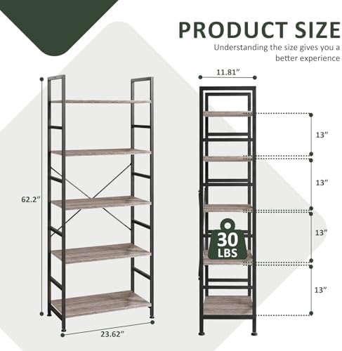 5 Tier Bookshelf, Free Standing Bookcase with Open Storage Shelves