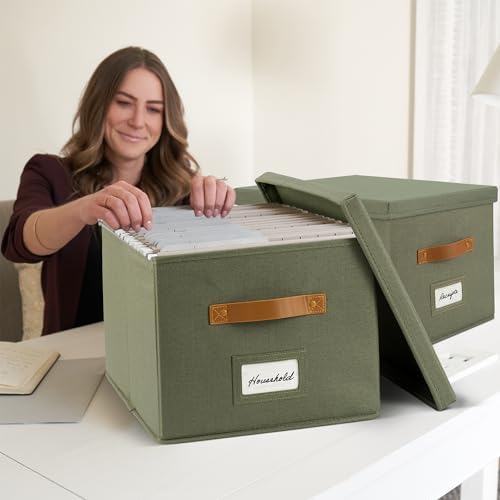 Decorative File Organizer Box Set of 2 - Collapsible Linen Filing Cabinets | Stores Documents and Hanging File Folders - Portable Office Crates with Lid and Handles for Easy Slide Access