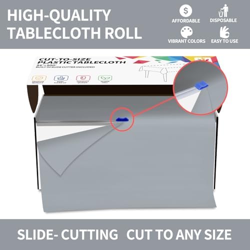 CXPSINC 54 Inch X 300 Feet Plastic Table Cover Roll Disposable Tablecloth with Slide Cutter for All Type/Shape Tables | Party, Banquet, Birthdays, Weddings(Silver, 300 Feet)