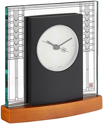 Bulova Glasner House Desk Clock B7750 | 6.25" Cherry Wood Base with Frank Lloyd Wright Art Glass Design | Silent Sweep Quartz Movement | Battery Operated | Architectural Accent Clock