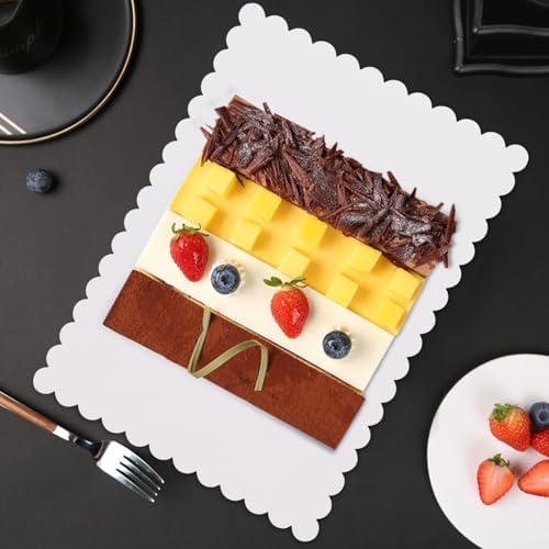 50 Pcs White Cake Boards, 14 x 10 Inch Rectangular Cardboard Cake Base, Scalloped Edges, Disposable Paper Cake Board for Elegant Dessert Presentation & Versatile Use