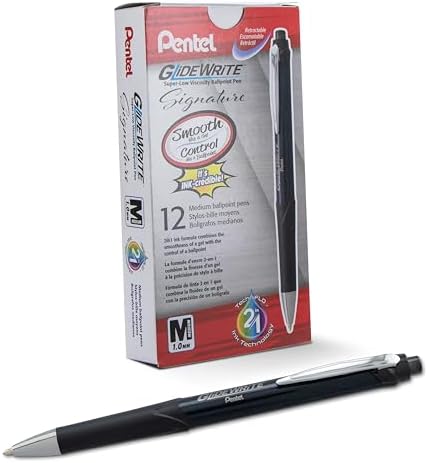 Pentel Glidewrite Signature Ballpoint Pen Black Barrel, (1.0mm) Medium Line, Black Ink, 12 Pens (BX930A-A)
