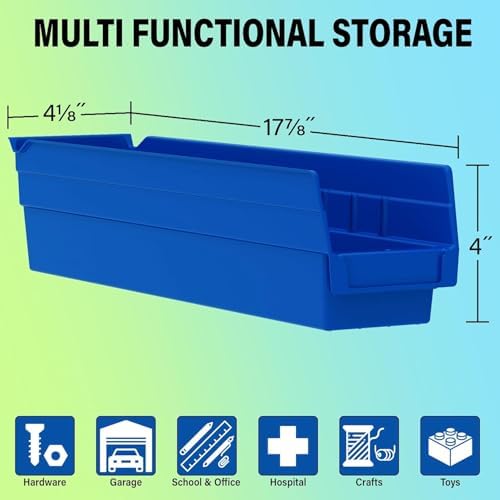Akro-Mils 30128 Heavy Duty Plastic Shelf Bins, 18"x 4"x 4", Blue, 12-Pack