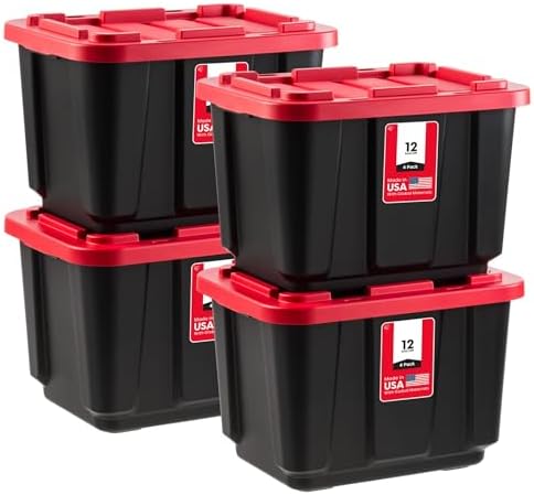 IRIS USA 4-Pack 12 Gal Heavy Duty Storage Tote Bins with Lids, Red