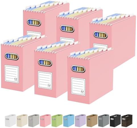 Oterri Portable Collapsible Cardboard File Box with Handle for Letter-Size | 6-Pack. Stainless Steel Handle. Label Stickers Included. Fits Letter Folders (Not Included). Home, Office, School, Dorm, Tax.