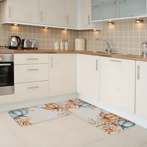 Watercolor Pumpkin Kitchen Floor Mat Set of 2, Non Slip Rugs Absorbent Mats for Floor Countertop Office Home, Blue and Green Indoor Outdoor Decor Doormat 17" x 29.5" + 17" x 47"