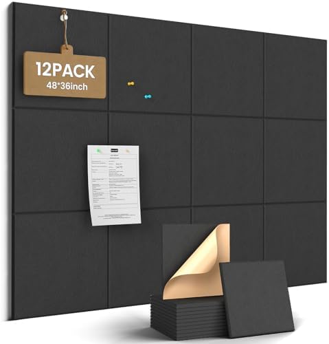 JBER Large Felt Bulletin Board 48" x 36", 12 Pack Felt Wall Tiles, Black