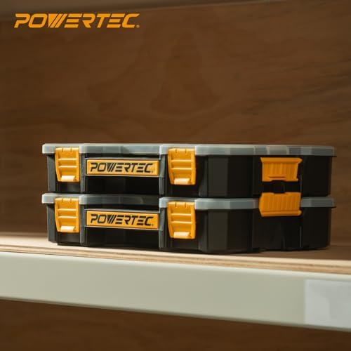 POWERTEC Small Parts Organizer & Tool Box – 14 Compartments, Stackable Storage with Interlocking Latch, Removable Dividers, Clear Lid, Portable Design, 2-Pack (72364-P2)