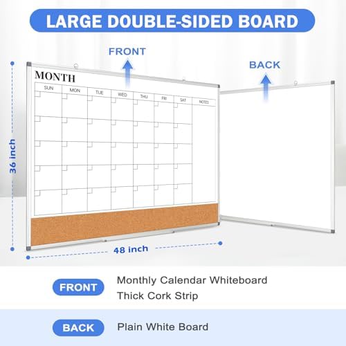Large Dry Erase Calendar Whiteboard for Wall, 48" x 36" Month White Board
