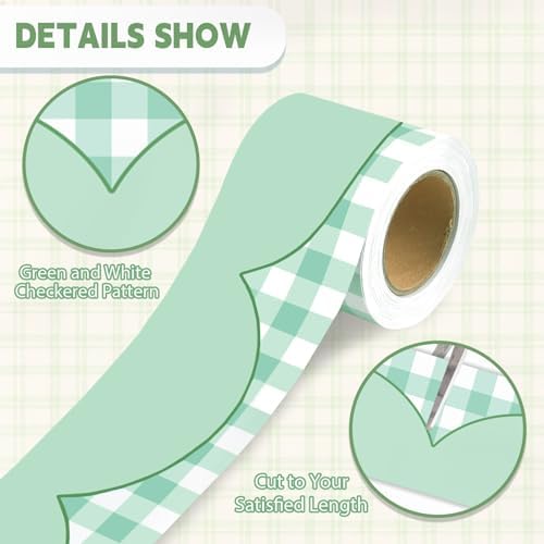 50ft Checkered Bulletin Board Borders, Checkerboard Straight Trim Border with Scalloped Edge Print, Classroom Decor for Chalkboard Whiteboard Back to School Supplies, Green and White