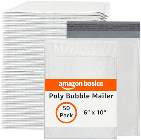 Amazon Basics Poly Bubble Self-Seal Mailers, Tear and Water Resistant Shipping Bags, 6" x 10", White/Grey, 50-Pack
