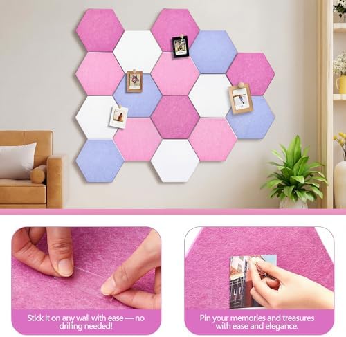 12x10 in 16 Pcs Hexagon Cork Board Tiles, Felt Pin Boards, Pink