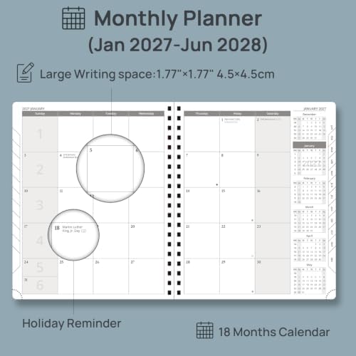 POPRUN Monthly Planner 2027-2028, 8.5"x10.5", 18 Month, Jan 2027-Jun 2028