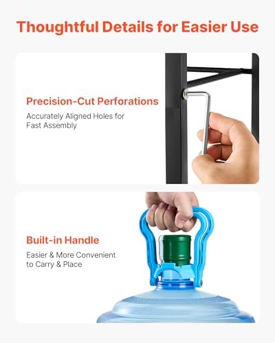 VEVOR 5 Gallon Water Jug Holder, 4-Tier Double Rows 3 or 5 Gallon Water Bottle Holder for 4 Bottles, Heavy Duty Jug Rack Organizer with Storage Shelf, Drawer, Handle for Kitchen, Office, Black+Brown