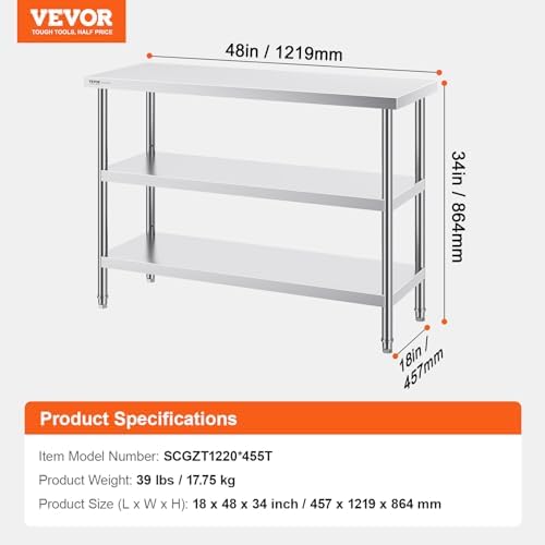 VEVOR Stainless Steel Food Prep Table, 18 x 48 x 34 Inch Commercial Kitchen Worktable, with 2 Adjustable Undershelf, Heavy Duty Prep Tables Metal Work Table for BBQ, Kitchen, Home, and Garage