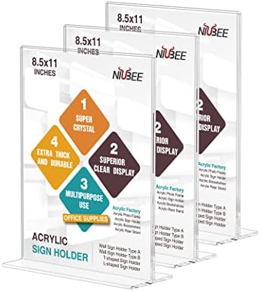 NIUBEE 3 Pack Acrylic Sign Holder 8.5 x 11 - T Shape Double Sided Table Top Display Stand, Portrait Upright Photo Picture Frame Wedding Menu Ad Holder