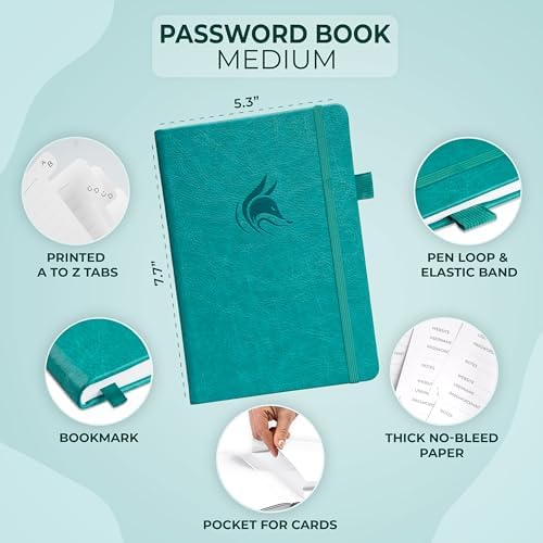 Clever Fox Password Book with Alphabetical Tabs, 5.3"x7.7 Keeper Aquamarine