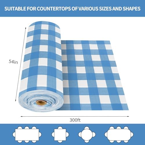 CXPSINC 54 Inch X 300 Feet Plastic Table Cover Roll Disposable Tablecloth with Slide Cutter for All Type/Shape Tables | Party, Banquet, Birthdays, Weddings(Blue Checkered, 300 Feet)