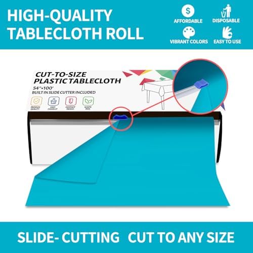 CXPSINC 54 Inch X 100 Feet Plastic Table Cover Roll Disposable Tablecloth with Slide Cutter for All Type/Shape Tables | Party, Banquet, Birthdays, Weddings(Turquoise, 100 Feet)