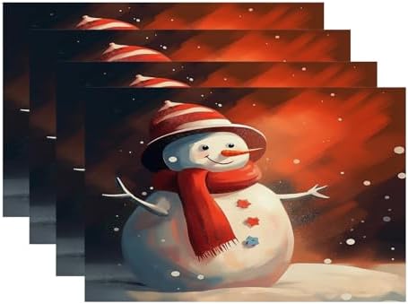 Batmerry Christmas Winter Snowman Linen Placemats Set of 4, Red Scarf Hat Snowflake Washable Table Mats for Kitchen Table Thickened Heat Insulation Dining Set Indoor Outdoor 12X18 in