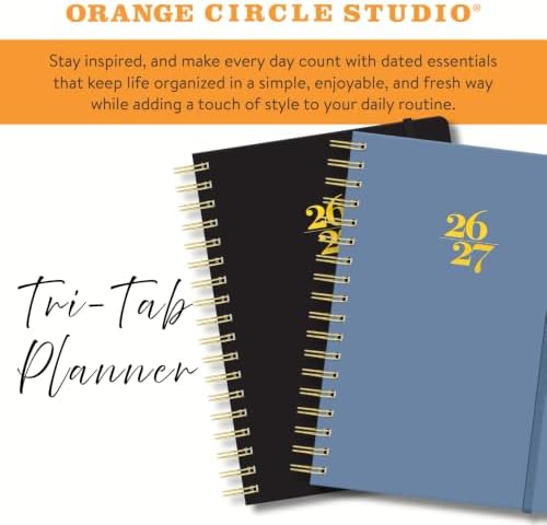 Orange Circle Studio 2027 Planner, Black Tri-Tab Weekly & Monthly Planner, 9.6" x 7", Spiral Bound Organizer with Note Pages, Pocket Dividers & Elastic Closure Design for Home Office Planning Uses