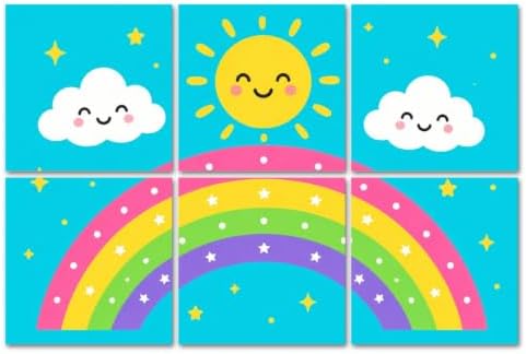 6 Pack Art Acoustic Panels Sound Absorbing Cute Rainbow Smiling Sun Clouds Stars Blue Decorative Soundproof Wall Panels Self Adhesive for Home Recording Studios 72"x48"