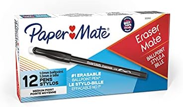Paper Mate EraserMate Erasable Pen, Medium Point, Black, Box of 12
