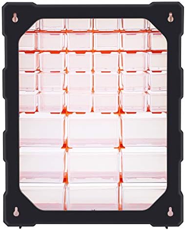 Amazon Basics Wall Mount Hardware and Craft Storage Cabinet Organizer with 39 Drawers, Plastic Garage Organization System with Dividers for Small Parts, Black, Orange, 15" x 6.3" x 18.6"