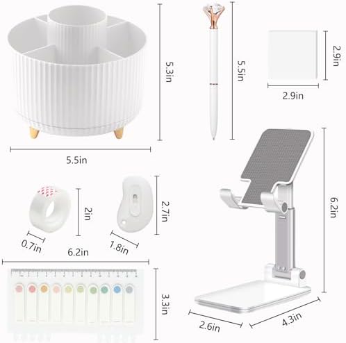 Office Supplies, White Desk Accessories,Desk Organizer,Phone Stand,Scissors,Stapler,Tape Dispenser,Binder clips,Staples,staple remover,Sticky Notes,Index Tabs,Clear Tape,Mini Box Cutter,Cool Pen.16pcs