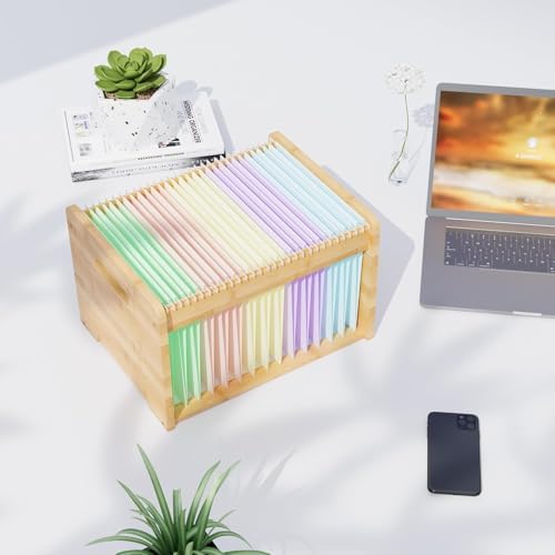 Bamboo Hanging File Organizer, Desktop File Box, Open Top, 2 Pack, Natural | Open-Top Access, 4 Hanging Folders Included, Letter & Legal Files, Sliding Rails, Reinforced Handles, Easy Assembly