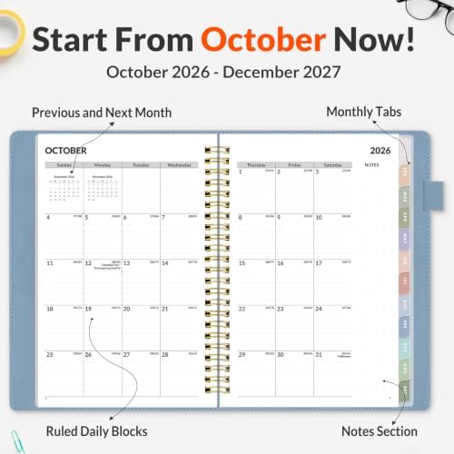 SUNEE 2027 Weekly & Monthly Planner 6.2"x8.5"- 12 Month (January 2027 - December 2027), Vegan Leather Cover, Pocket, Bookmark, Notes, Monthly Tab, Gray Blue