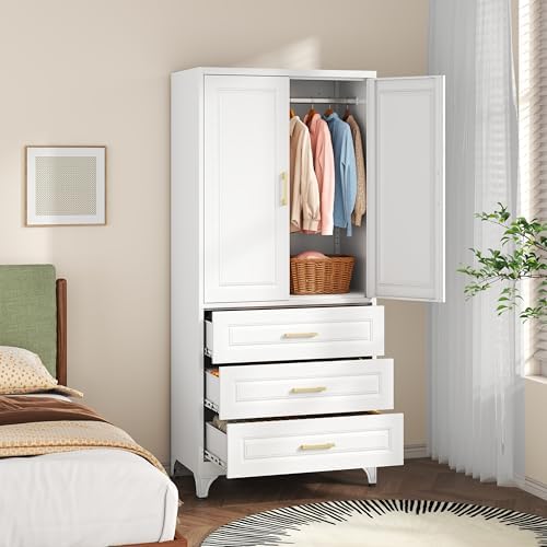 SteeLoong 71" Metal Wardrobe Cabinet,Armoire Wardrobe Closet with 3 Drawer