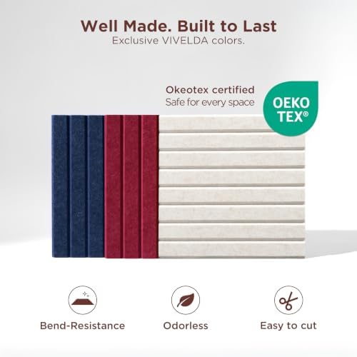 VIVELDA Large Felt Bulletin Board 48 x 36 Inch - 12-Pack Square Acoustic Wall Panels, Cork Board Alternative, NRC 0.95, Damage-Free Adhesive, Slatted Design for Home, Classroom (Black)