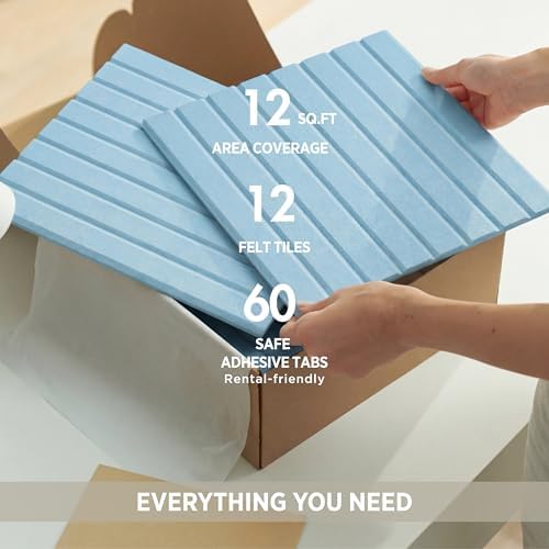 VIVELDA Felt Bulletin Board Tiles 48"x36" - 12-Pack Cork Board Alternative, OEKO-TEX Certified, NRC 0.95 Acoustic Wall Panels, Damage-Free Adhesive, Slatted Design, Home Office & Classroom (Baby Blue)