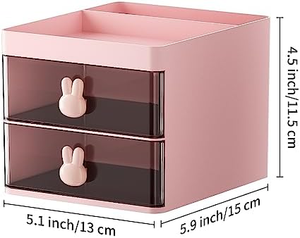 Marbrasse Small Desk Organizer with Drawer, Multi-Functional Pen Pencil Holder Storage Box, Desk Organizers and Accessories with 3 Compartments + 2 Drawer for Office Art Supplies(Pink)